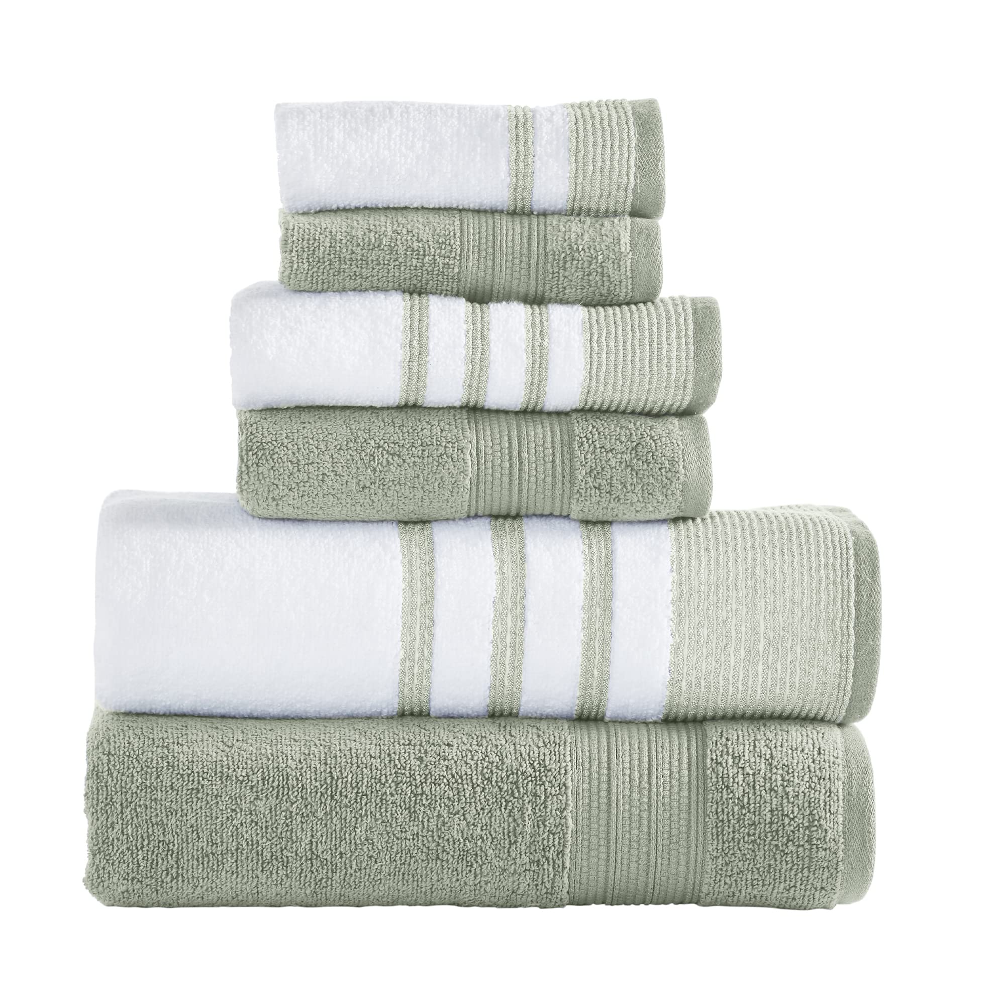Photo 1 of Modern Threads 6 Piece Set, 2 Bath Towels, 2 Hand Towels, 2 Washcloths, Quick Dry White/Contrast Reinhart Sage