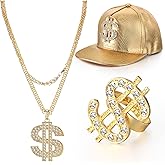 MTLEE 3 Pcs 80s 90s Hip Hop Costume Kit Halloween Rapper Outfits Accessories Dollar Sign Necklace Dollar Ring Hat for Men Halloween Party Cosplay(Gold)