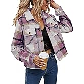 NILOINE Women's Cropped Plaid Shacket Jacket Long Sleeve Button Down Shirt Coat Tops with Pockets