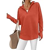 PRETTYGARDEN Womens Long Sleeve Quarter Zip Pullover Sweater Casual Loose V Neck Collared Ribbed Knit Jumper Tops Thumb Hole