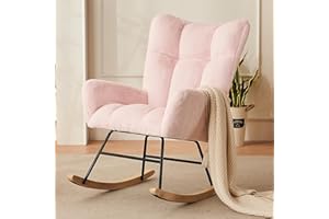Sudwesto Modern Nursery Rocking Chair, Upholstered Glider Chair with High Backrest, Rocker Accent Armchair with Solid Wood Legs for Nursery Bedroom Living Room (Light Pink Faux Fur)