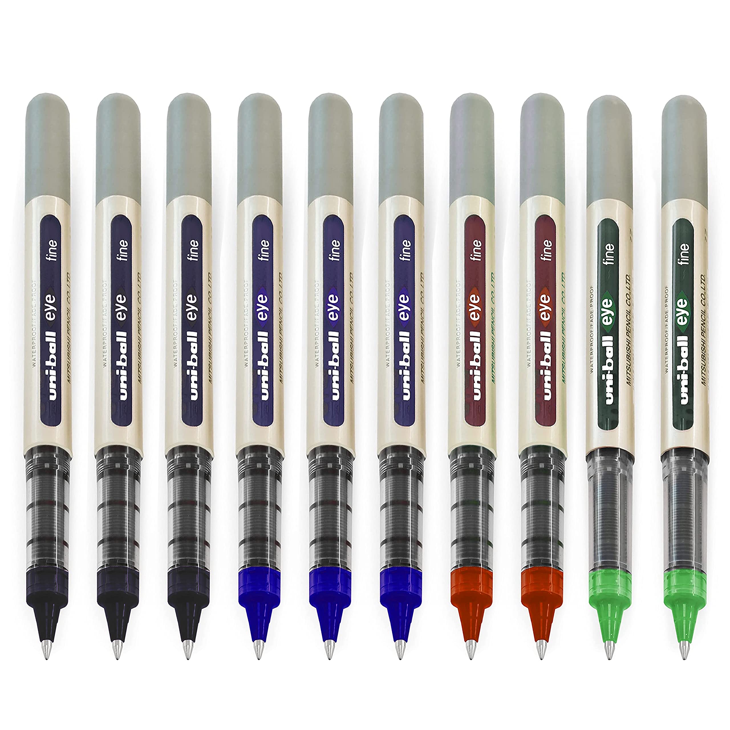 uni-ball EYE - UB-157E Rollerball Pens - 0.7mm Nib - [Pack of 10] - 3 x Black, 3 x Blue, 2 x Red, 2 x Green