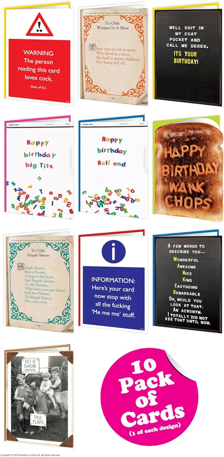 10 Pack Of Funny Rude Humorous 'Cheeky' Birthday Cards, 5 x 7 inch