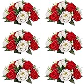 NUPTIO Pcs of 6 Fake Flower Ball Arrangement Bouquet,15 Heads Plastic Roses with Base, Suitable for Our Store's Wedding Centerpiece Flower Rack for Parties Valentine's Day Home Décor (Red & White)
