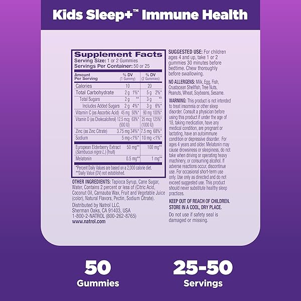 NATROL KIDS SLEEP+ IMMUNE HEALTH GUMMIES WITH MELATONIN, ZINC, VITAMIN C AND D, ELDERBERRY, 50 RASPBERRY FLAVORED MELATONIN AND IMMUNE HEALTH GUMMIES, 50 DAY SUPPLY