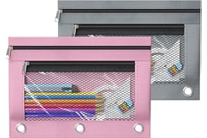 DoDoMagxanadu Binder Pencil Pouches, Pencil Pouch for 3 Ring Binder, Double Pocket Clear Window Pencil Case for Binder, Zippered Pencil Pouches with Rivet Enforced 3 Ring, 2 Pack (Grey&Pink), B5