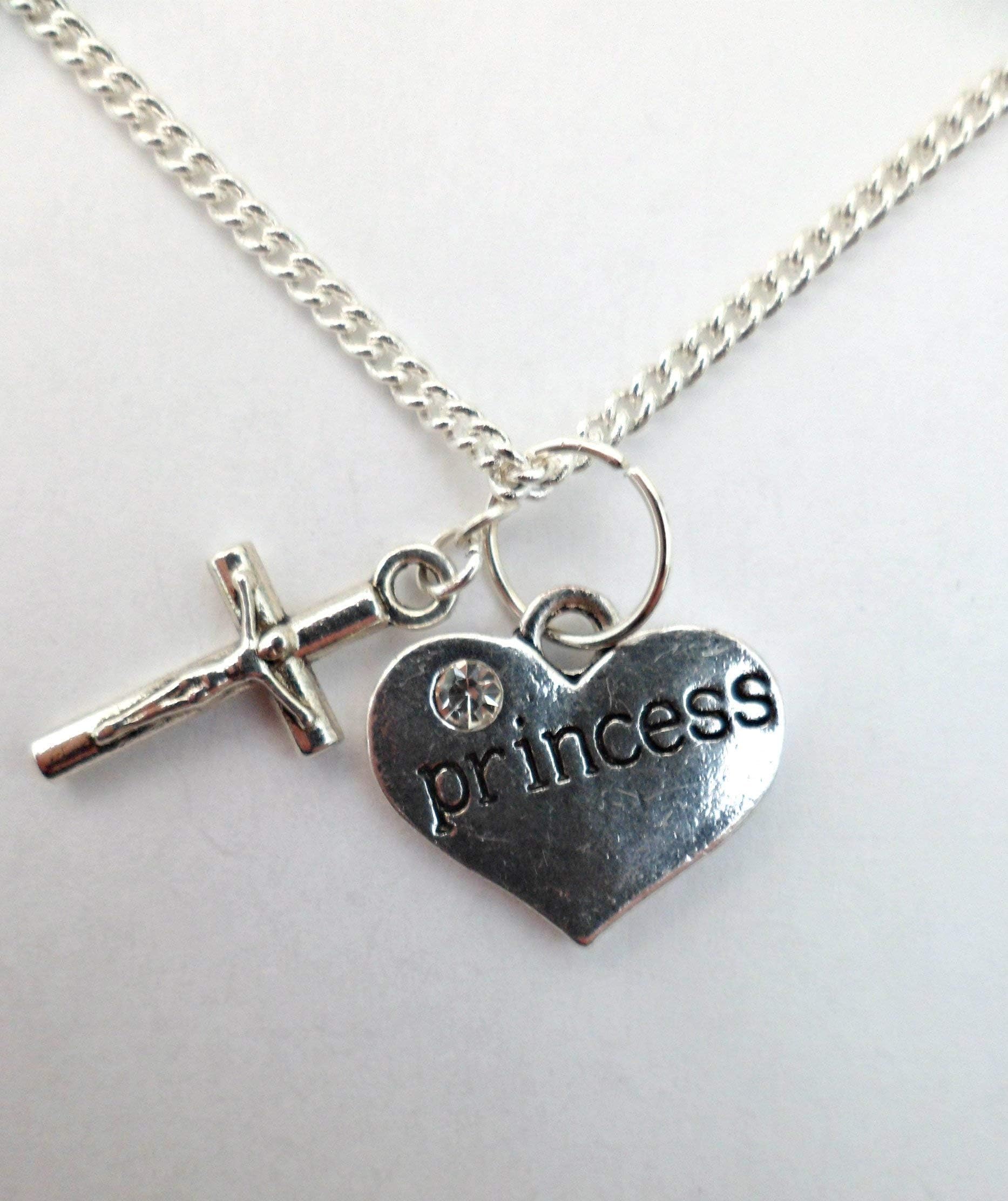 Silver Necklace Princess Love Heart Gem Charm Jesus Crucifix Cross