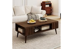 Giantex Mid Century Modern Coffee Table, 42" Rectangular Center Table with 2 Storage Shelves & Open Compartment, 2-Tier Cockt