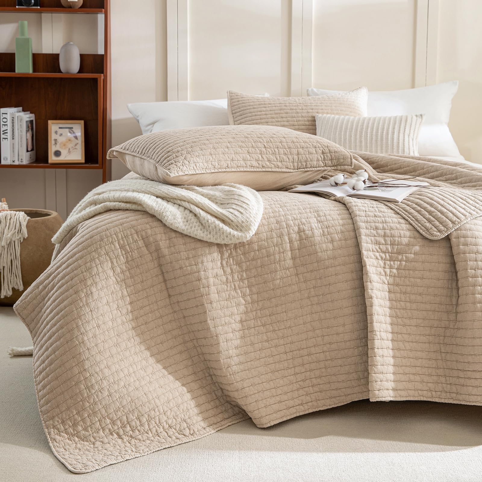Photo 1 of Sanracie Oversized King Bedspread (128"x120"), 100% Cotton Cross Stitch Pattern California King Coverlet Quilt Set 3Pcs Warm Taupe Colored Lightweight Extra Large King Bed Quilt for All Season
