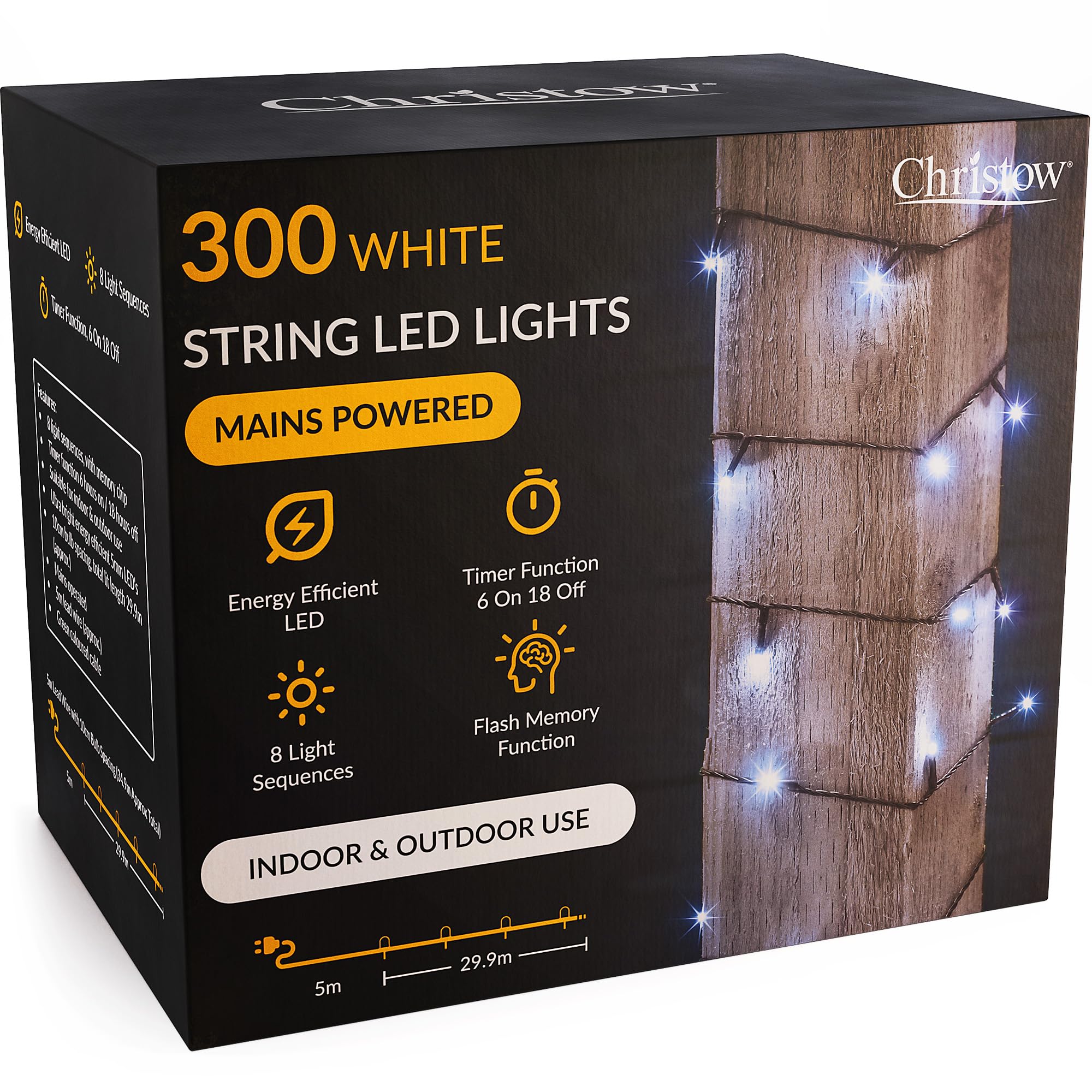 CHRISTOW Christmas Fairy Lights, White LED String Lighting with Timer, Indoor & Outdoor, Tree Lights, Mains Operated, 8 Light Modes Flashing & Static, Green Cable (300 LED / 30m Lit Length)
