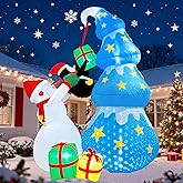UoVeHoin 8FT Christmas Inflatables Giant Christmas Tree Yard Decoration, Xmas Blow Up Snowman Penguin Gift Box Outdoor Decorations with Falling Snow LED Lights for Holiday Lawn Decor, Xmas Gifts