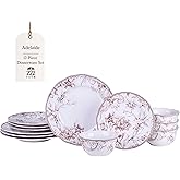 222 Fifth Adelaide Brown on White 12-Piece Dinnerware Set – Service for 4, Plate & Bowl Set,Durable Porcelain, Dishwasher Safe, for Everyday Dining & Entertainment