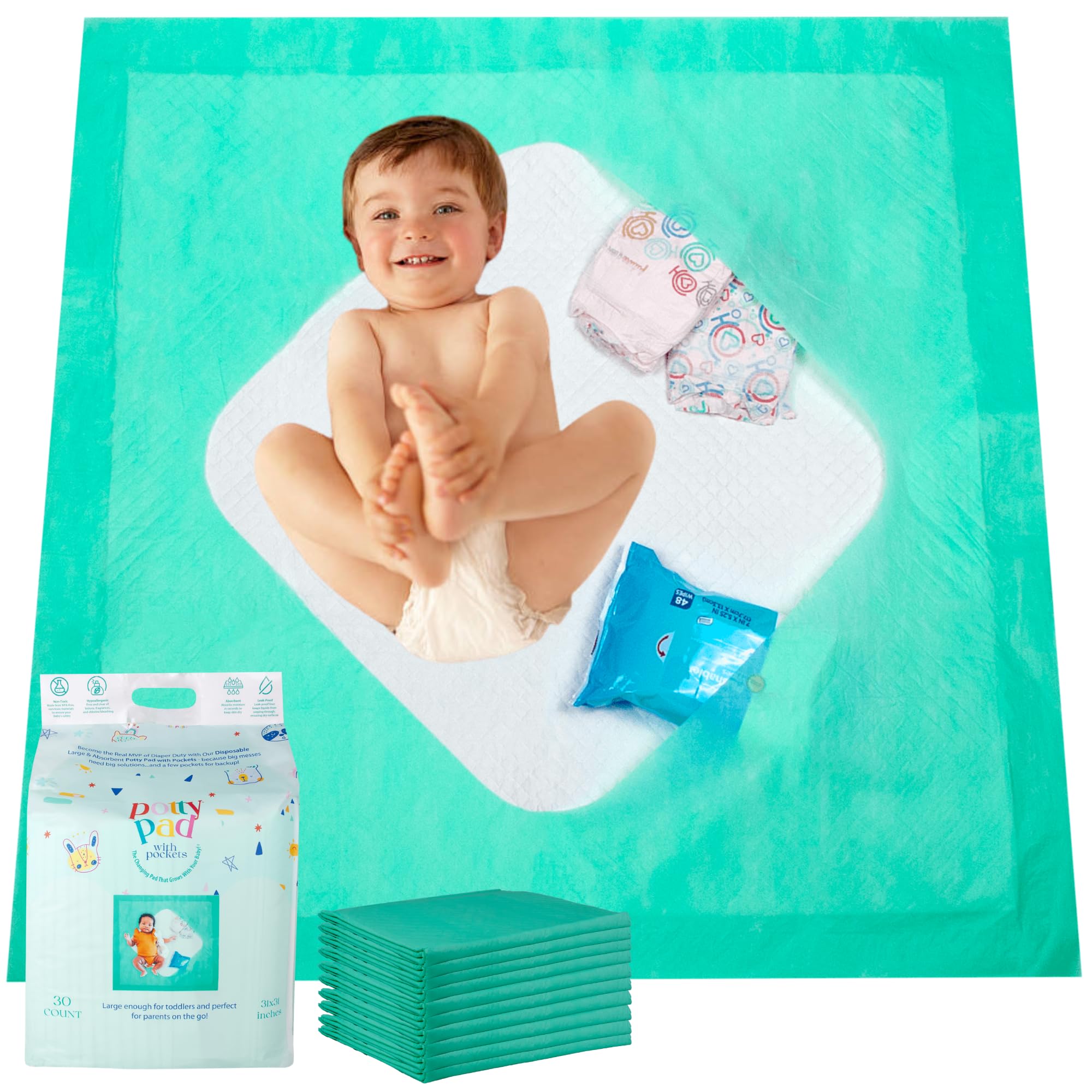 Photo 1 of (31" x 31") XL Disposable Changing Pads for Toddlers | Leakproof, Pocketed & Portable | No-Laundry Potty Training, Pull-Up & Travel Solution | 30 Count
