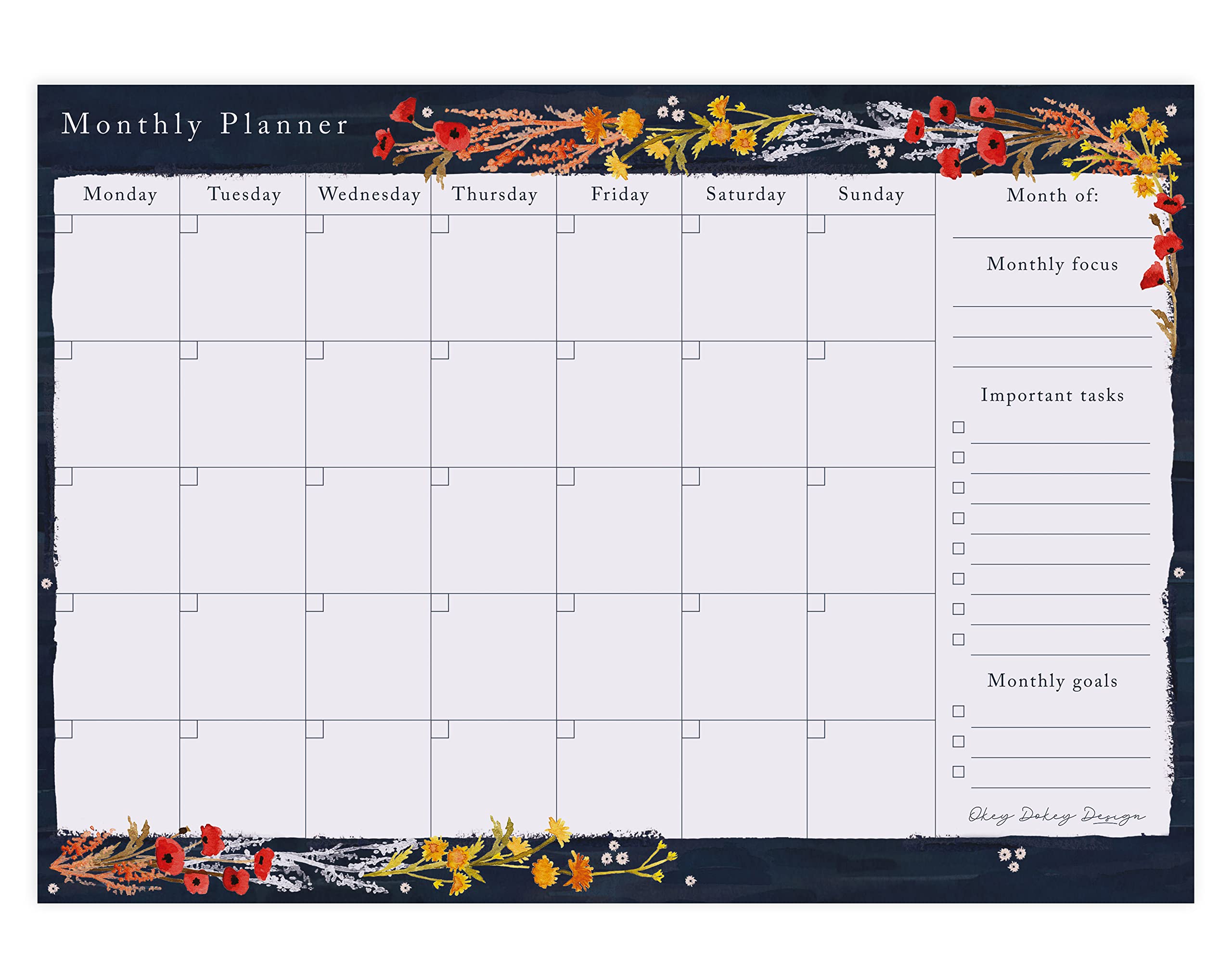 Making Meadows | Navy Blue Bird Monthly Planner Pad | A4 Tear Off Month Planning Pad Notepad with Monthly Goals & Important Tasks | 50 Undated Sheets & 100gsm Paper | Premium Stationery