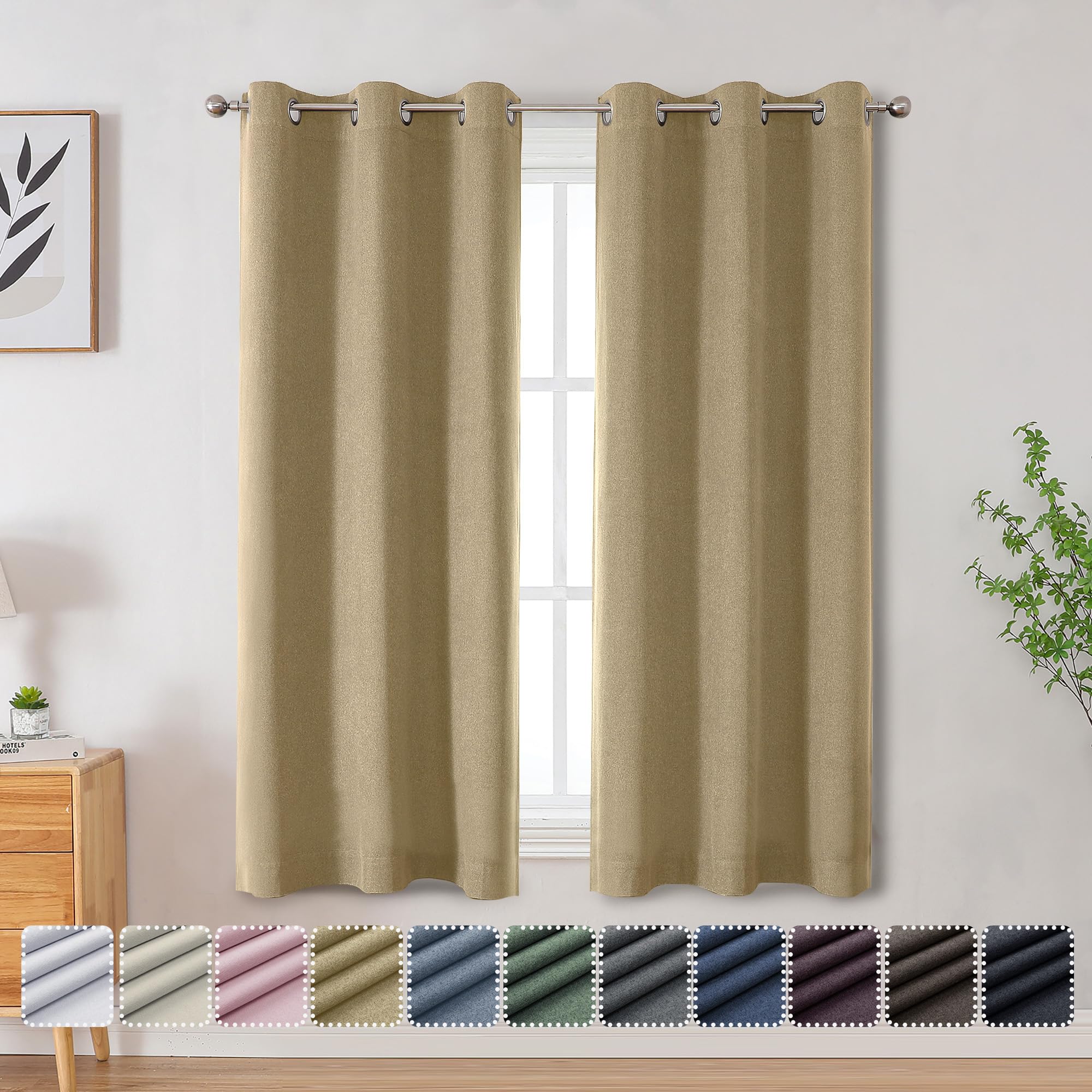 Photo 1 of OVZME 2 Panels 100% Blackout Curtains 63 Inches Length for Bedroom, Full Light Blocking Textured Thermal Insulated Noise Reducing Window Curtain Natural Drapes, Grommets Top(Each 40Wx63L, Gold)