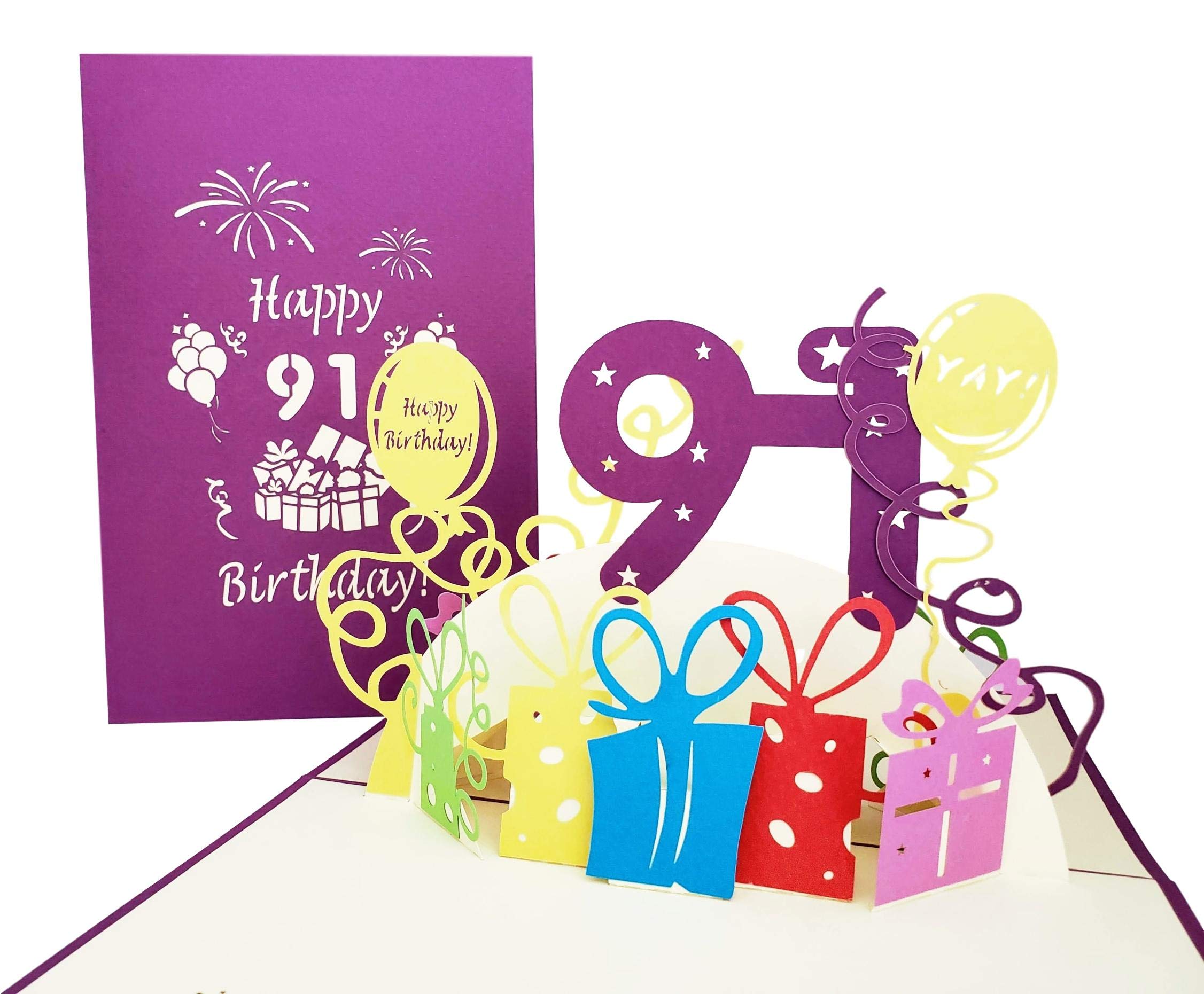 iGifts And Cards Happy 91st Birthday with Presents 3D Pop Up Greeting Card – Ninety-one, Awesome, Balloons, Unique, Celebration, Cool, Feliz Cumpleaños