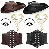 Maiteenly 8 Pcs Pirate Costume Accessories Women Pirate Leather Corset Tricorn Hat Corset Belt Necklace Eye Patch for Lady