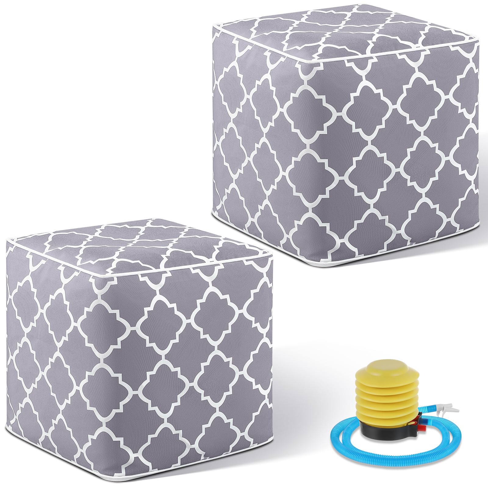 Photo 1 of Juexica 2 Pack Ottoman Poufs Indoor Outdoor Inflatable Ottoman Stool Cube Pouffe Square Footstool with Handle for Patio Garden Home Boho Decorative Living Room, Bedroom, 16"