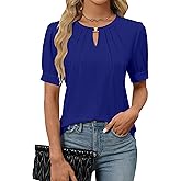 Blooming Jelly Womens Dressy Casual Tops Keyhole Business Work Blouses Pleated Puff Sleeve Summer Shirts