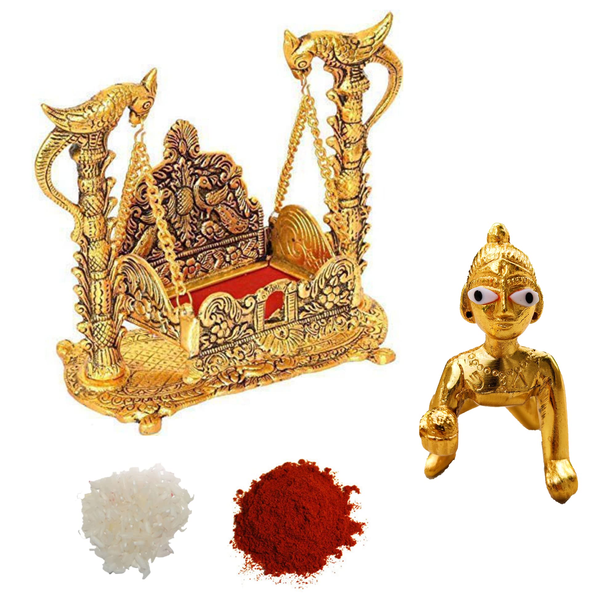 Wonder Care Laddu Gopal with jhula for janmashtami Combo Jamashtami Gift Basket with Card Baby Krishna Jhula for laddu Gopal with Roli Chawal Tika Bal Krishn Statue and Jhula Swing