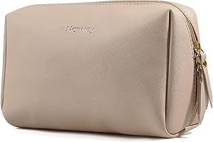NARWEY Large Vegan Leather Makeup Bag Zipper Pouch Travel Cosmetic Organizer for Women (Large, Brown)