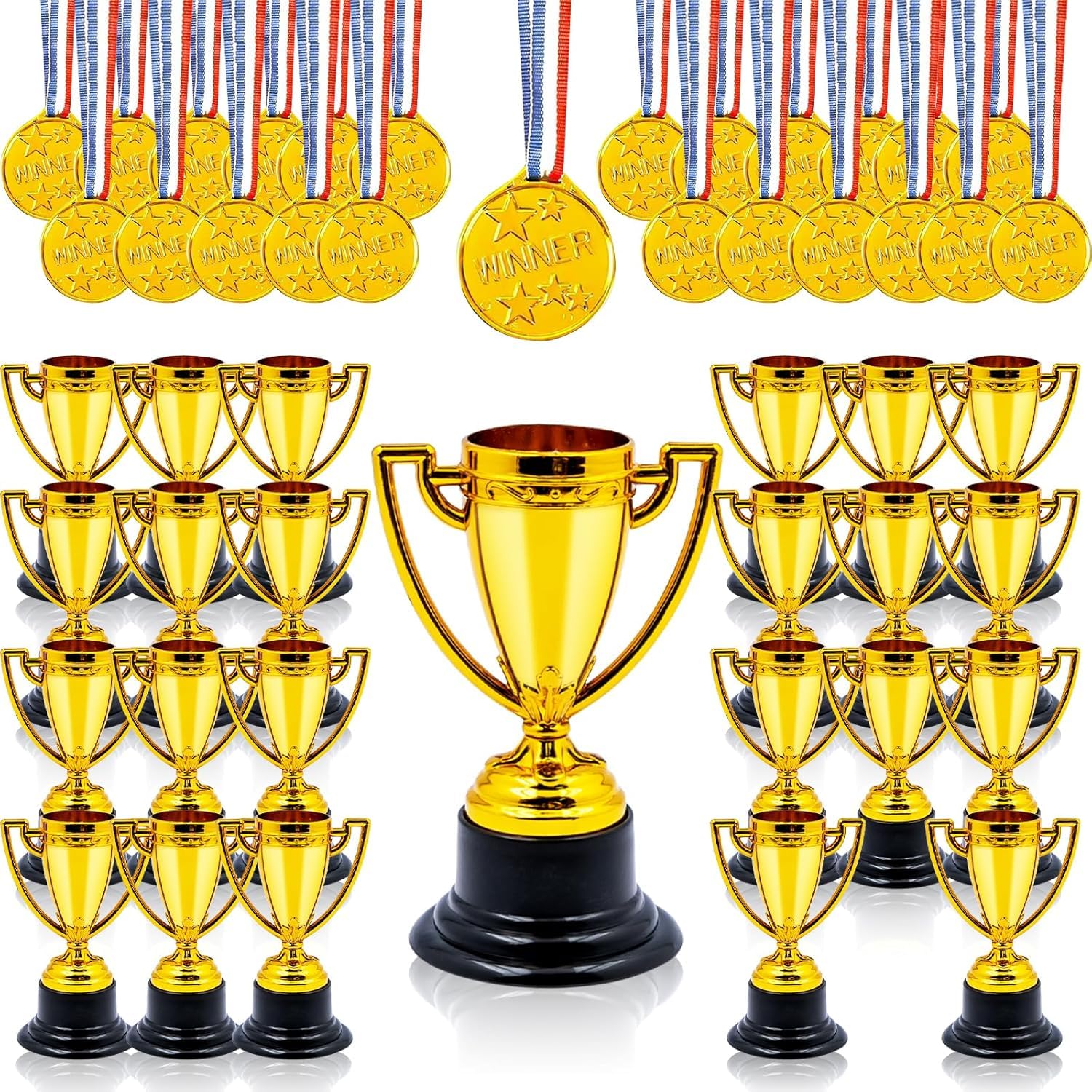 48 Pcs Award Trophies Medals Set, 24 Pcs Winner Award Trophies and 24 Pcs Gold Medals for Sports, Olympics Events, Classroom School Rewards and Party Favors