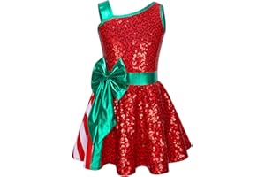 Loloda Kids Girls Sequins Dance Tutu Dress Leotard Christmas Party Mrs Santa Claus Candy Cane Costume