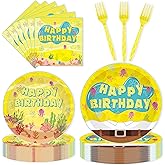 96Pcs Yellow Cartoon Party Plates & Napkins, Yellow Theme Birthday Party Tableware Set, Undersea Disposable Plates, Forks,Dinnerware Napkins for 24 Guests