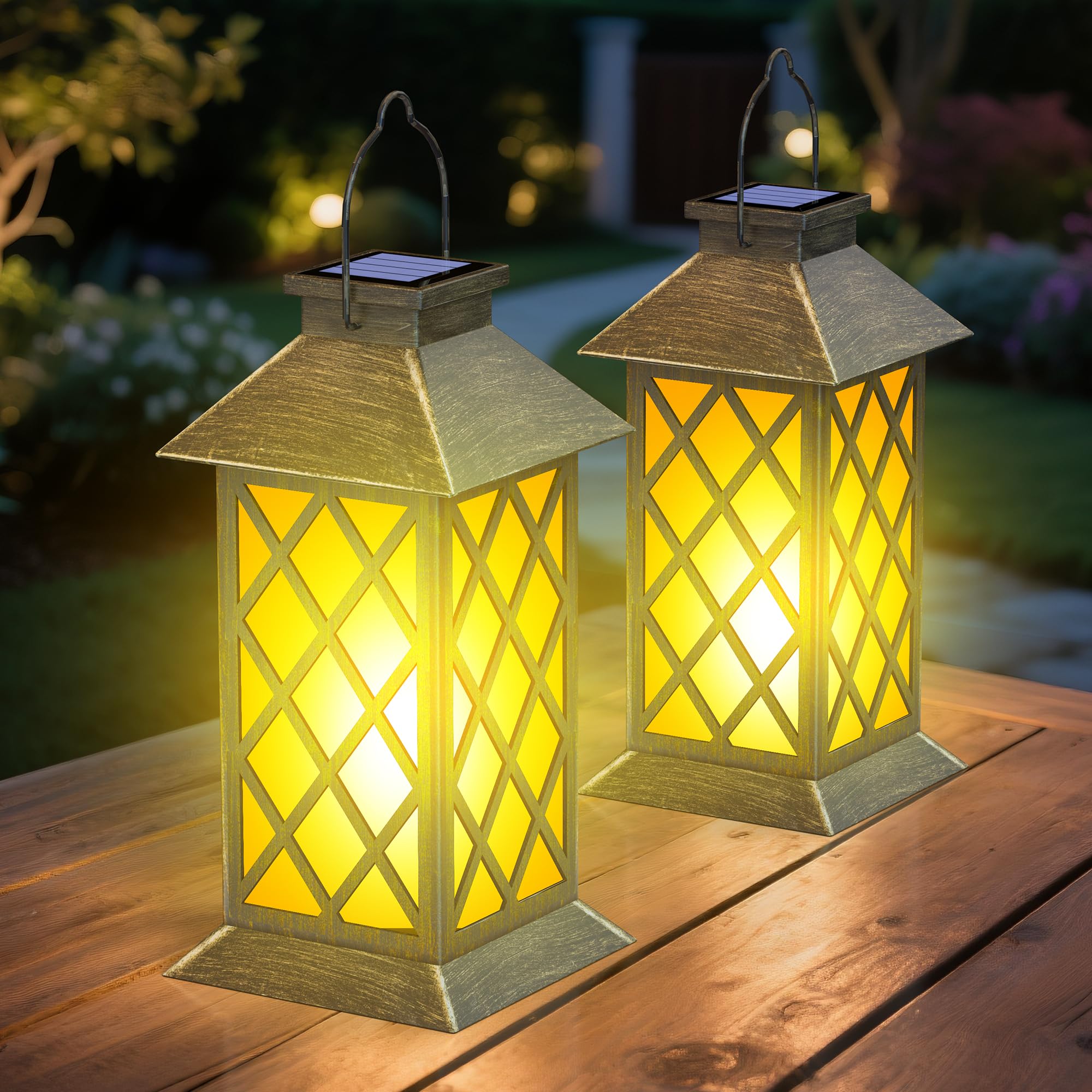 Photo 1 of 2 Pack 13" Solar Lanterns with Flickering Flame Candle, Outdoor Waterproof Hanging Lantern Lights Metal & Glass for Patio, Pathway, Garden Decorative, Gifts for Mom