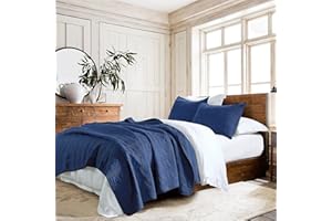 HORIMOTE HOME 100% Cotton Quilt Set Queen Size, Navy Blue Pre-Washed 3-Piece Bedspread Coverlet Set, Cozy Lightweight Stitching Bedding Cover with 2 Shams in Geometric Pattern for All Season