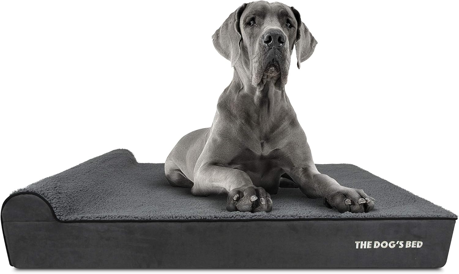 The Dog’s Bed - Orthopaedic Memory Foam Bed with Headrest, Grey Plush, XXL, 15cm, 137 x 91 x 10 cm (L x W x H)