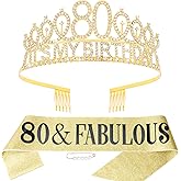 Hapdoo 80th Gold Birthday Decorations for Women Set- It’s My Birthday Crown and Sash with 80 & Fabulous, Happy 80th Party Decorations Gifts for Women