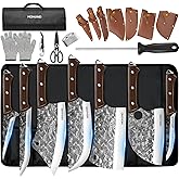 MDHAND 14PCS Professional Butcher Knife Set with Roll Bag, Heavy Duty Meat Cleaver, Boning Knife, Viking Knives, Hand Forged Chef Knife Set, Meat Cutting Knife for Kitchen, Gift for Men, BBQ, Camping