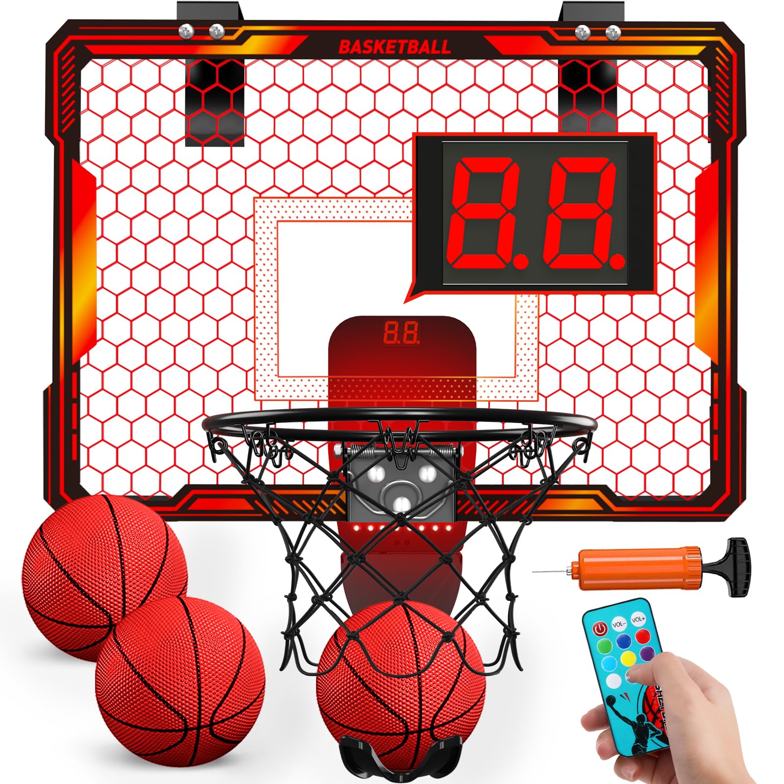 HYES Remote Control Basketball Hoop Indoor with 7 LED Lighting, Mini Basketball Hoop with Electronic Scoreboard, 3 Modes, Over Door Basketball Hoop, Basketball Toys Sport Gifts for Kids, Adults (red)