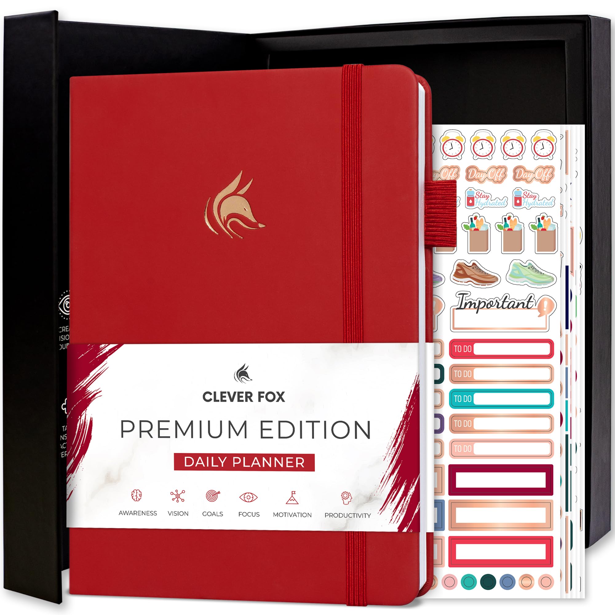 Clever Fox Planner Daily Premium – Undated Daily Planner with Hourly Schedule, Personal Organizer, Productivity Journal, 6 Months (Red)