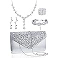 Henoyso 5 Pcs Purse Rhinestone Jewelry Set Prom Jewelry Rhinestone Clutch Purse Necklace Earrings Bracelets for Women Bride