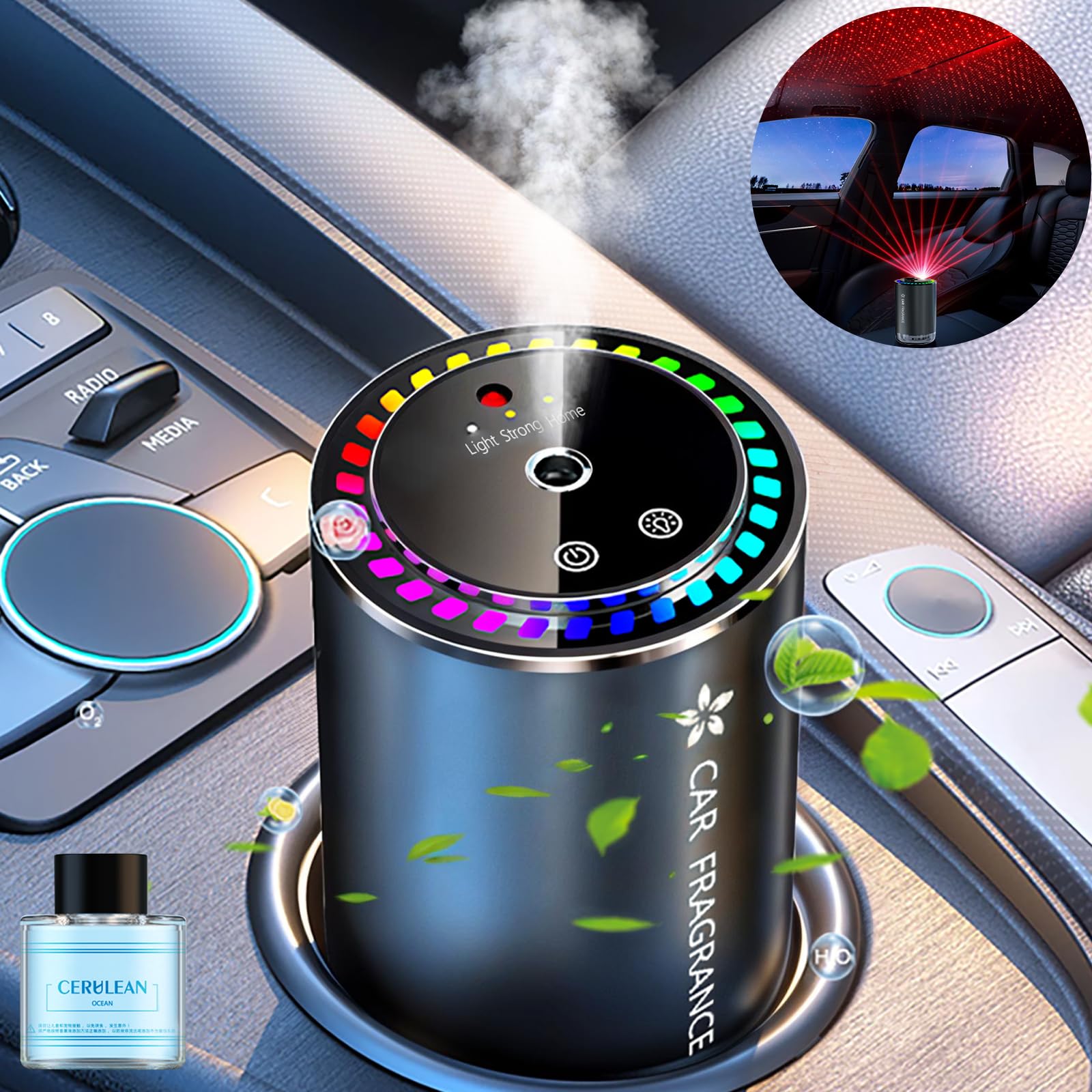 Photo 1 of Holwim Smart Car Air Freshener Diffuser, Waterless Car Diffuser for Essential Oils with Star Projector, Music Rhythmic Light, Auto On/Off, Adjustable Concentration, Built-in Battery (Cerulean Ocean)