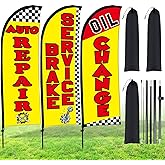 Buryeah 3 Set Feather Flags Pole Kit, Auto Repair, Brake Service, Oil Change Swooper Flag with Pole Ground Stake and Bag 7 ft Feather Banner Flag for Advertising Outside Ground(Yellow)