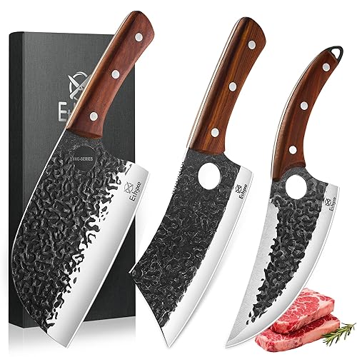 Ethyxe Butcher Knife Set – 3PCS Hand Forged Kitchen Knife Set with Serbian Chef Knife, Viking Boning Knife & Meat Cleaver, High Carbon Steel for Meat Cutting, Outdoor BBQ, Camping, Gift for Men