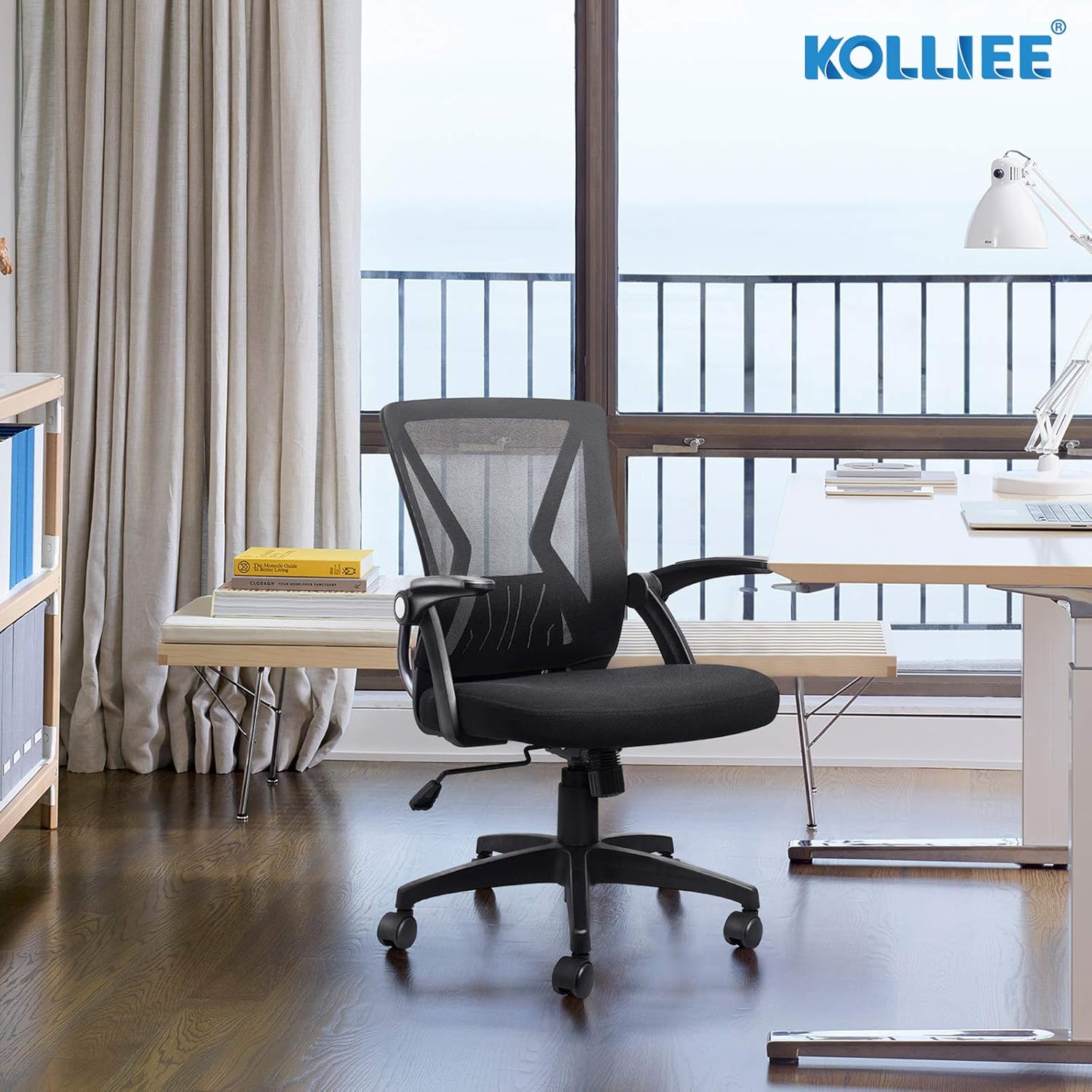 KOLLIEE Mid Back Mesh Office Chair Ergonomic Swivel Black Mesh Computer Chair Flip Up Arms with Lumbar Support Adjustable Height Task Chair: Home & Kitchen