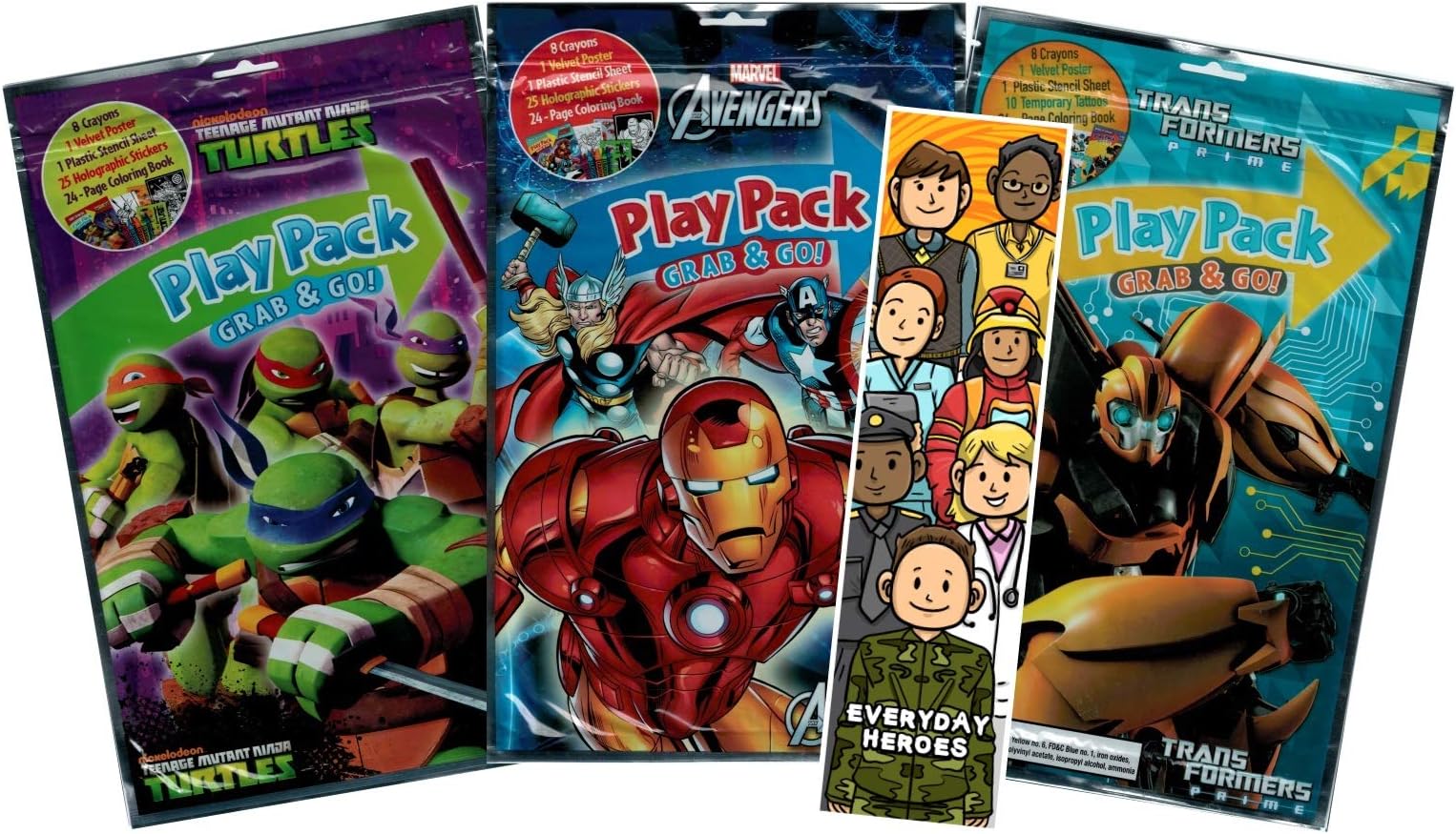 KaleidoQuest Bundle of 4 Boys Coloring and Activity Items - Avengers, Teenage Mutant Ninja Turtles, and Trasformers Prime Grab and Go Play Pack XLs, Everyday Heroes Colorable Bookmark
