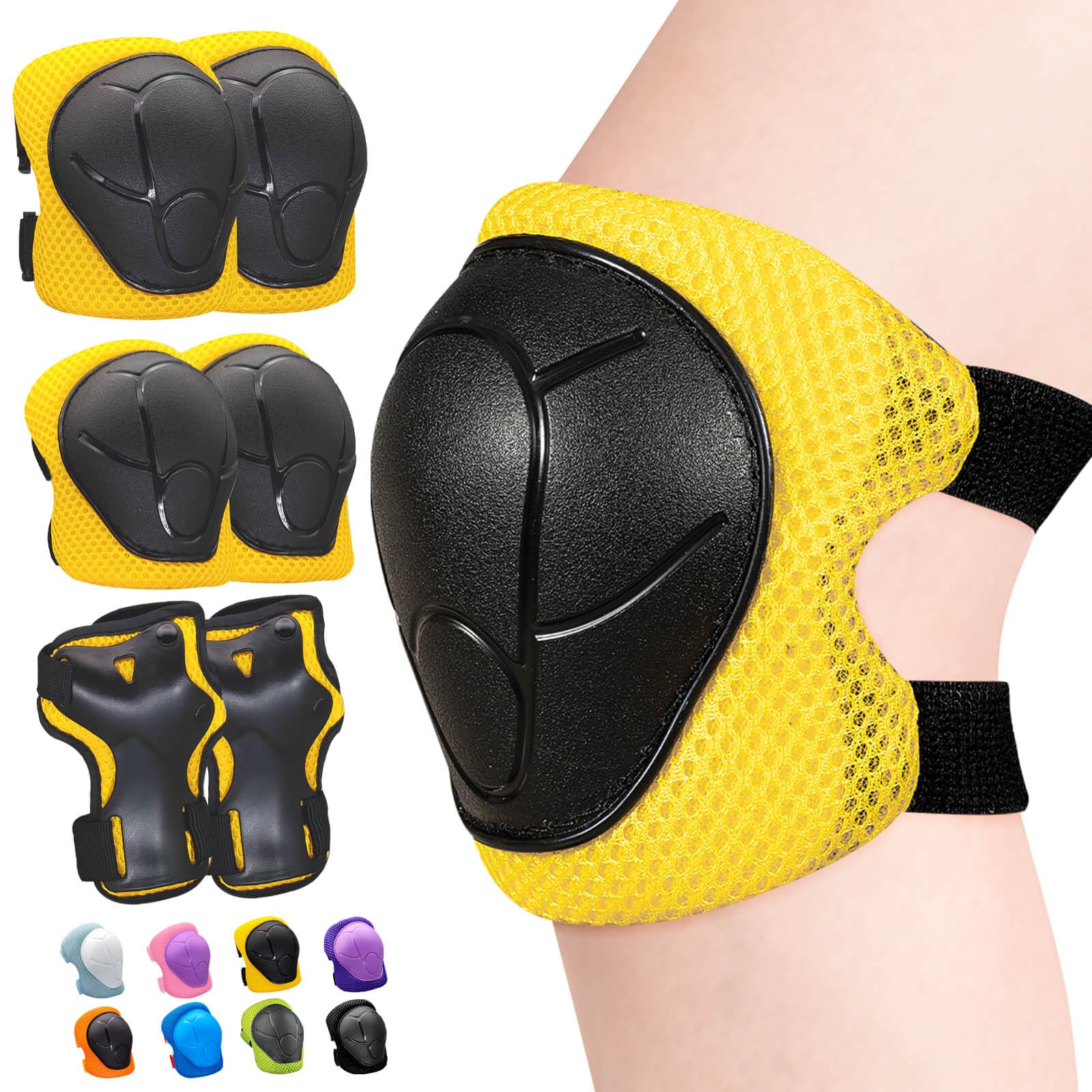 Inkidio Knee Pads for Kids Unicorn Protective Gear Set Knee Pads and Elbow Pads Set with Wrist Guard for Girls Boys Roller Skates Inline Skatings Scooter Cycling Bike Skateboard (Medium, Yellow)