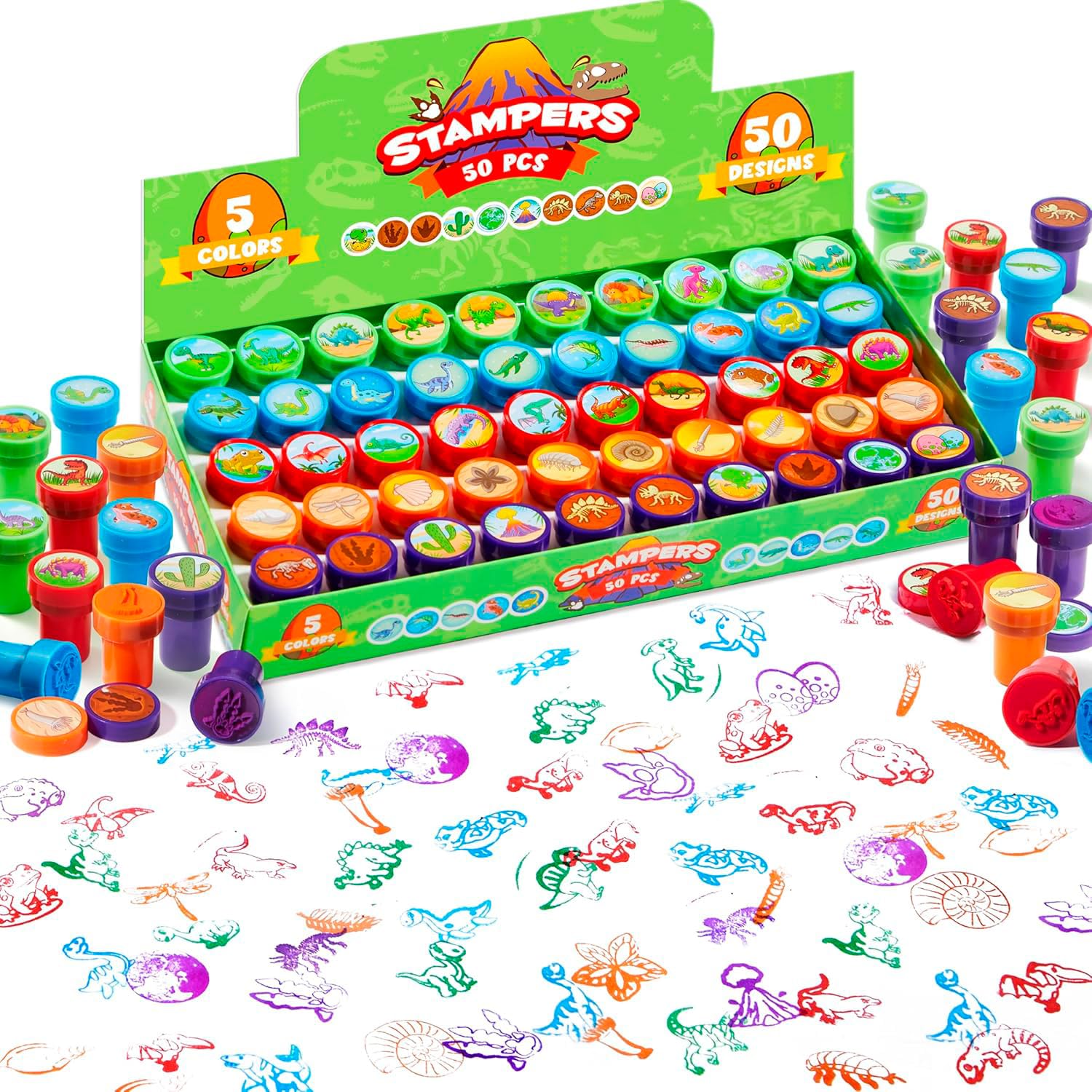 JOYIN 50pcs Dinosaur Stamps for Kids, Assorted Stampers, Party Favor, School Stampers Prizes 5 Mixed Color 50 Different Designs