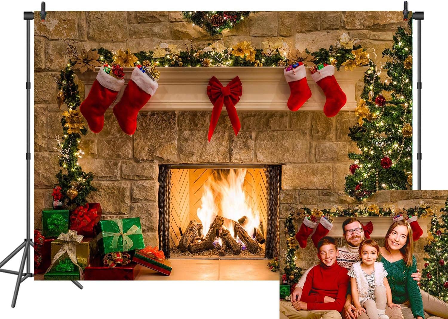 DANIU Merry Christmas Eve Photo Backdrop Christmas Trees Xmas Fireplace Gifts Red Bow Stocking Backgrounds for Photography 210cmX150cm