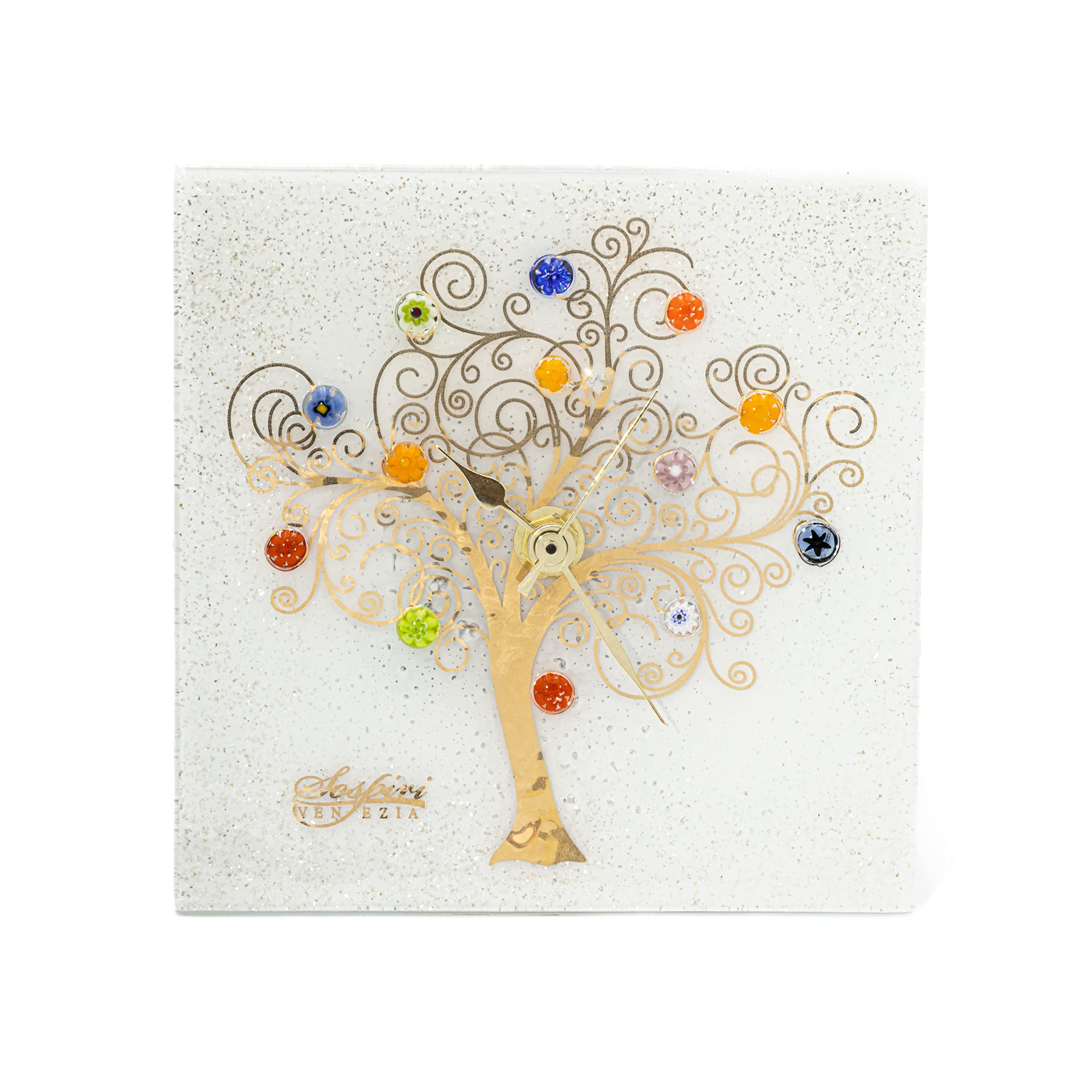 Sospiri Venezia Table Clock Murano Glass Silent Mechanism Decorated with Murrines and Gold Leaf Gift Handmade Made in Italy (19x19)