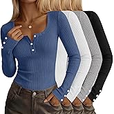 JoyMotion 4 Pack Women's Long Sleeve Henley Shirts Button Ribbed Knit Slim Fit U Neck Tops Casual Going out Tee Fall Winter
