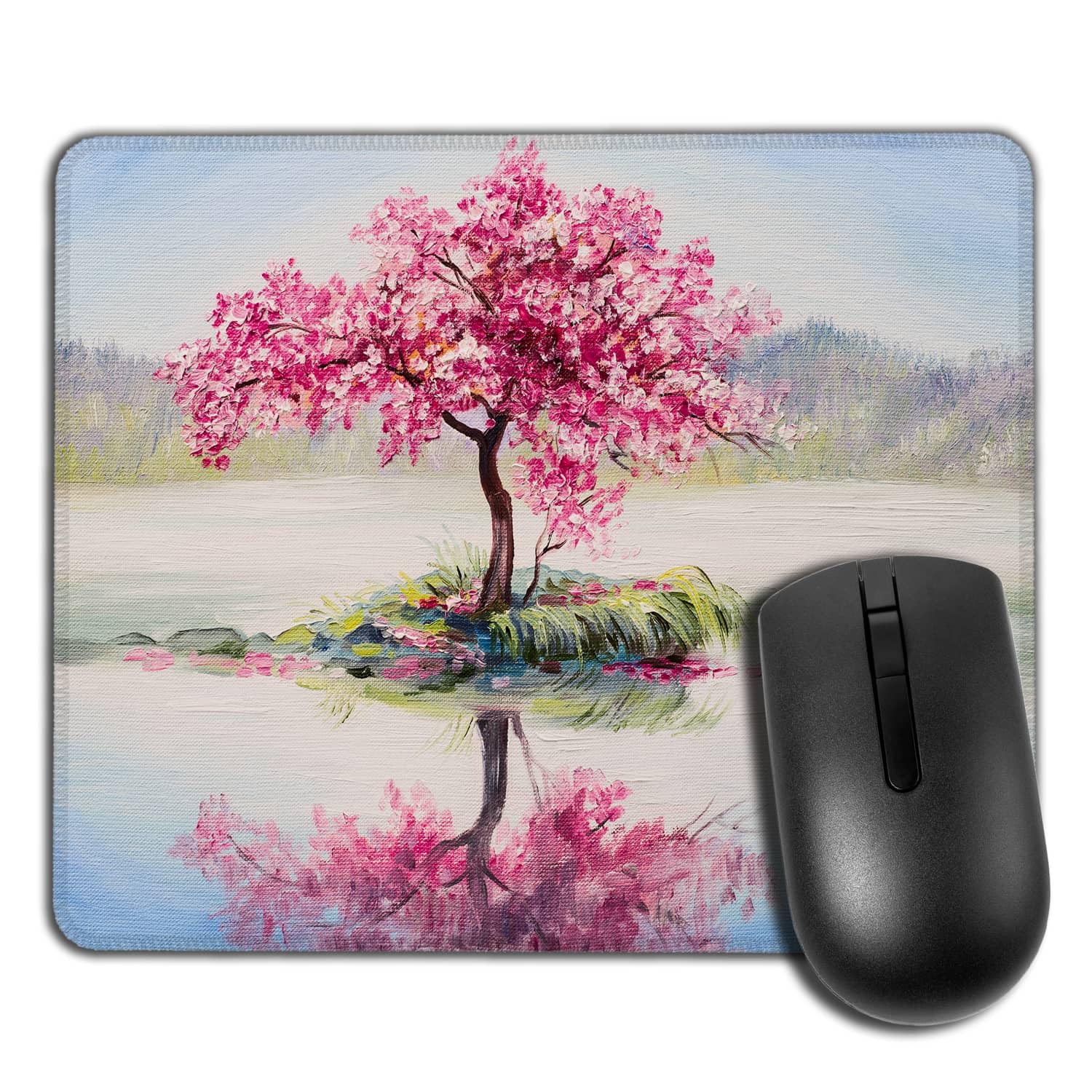 Yeuss Cherry Art Mouse Pad Rectangular Non-Slip Mousepad, Oil Painting Landscape Oriental Cherrys Tree Sakura On The Lake Gaming Mouse Pads, Pink,200mm x 240mm