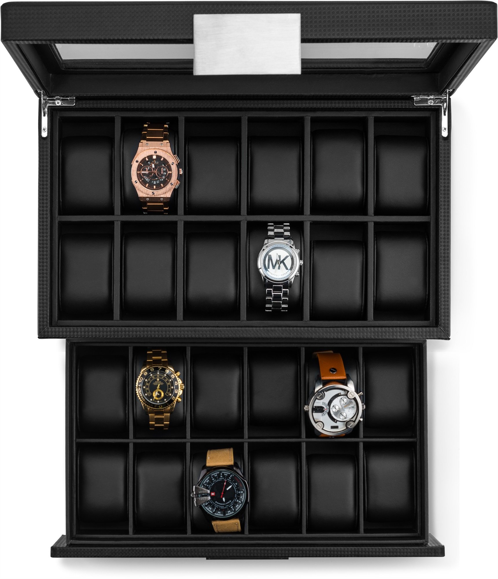 Glenor Co Watch Box for Men - 24 Slot Luxury Display Case Organizer, Carbon Fiber Design -Metal Buckle for Mens Jewelry Watches, Men's Storage Holder w Large Glass Top, Drawer & Leather Pillows- Black