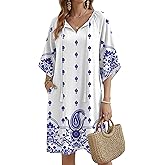 Zeagoo Womens Casual Summer Dress Boho Beach Dresses Tassel Tie Neck 2026 Floral Cover Up Spring 3/4 Sleeve Mini Sundress