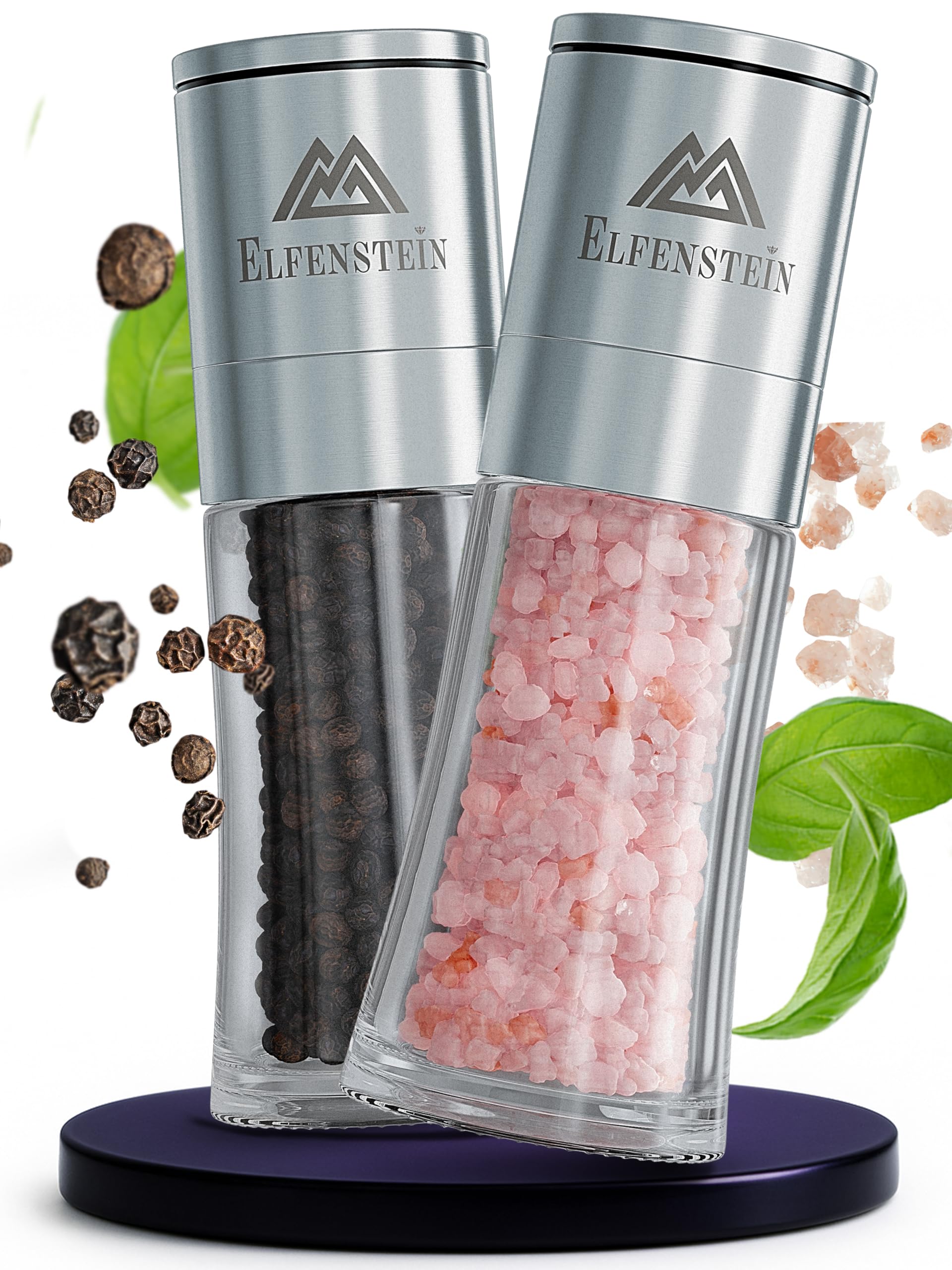 ELFENSTEIN Stainless Steel Salt and Pepper Mill Set with Ceramic Grinder - Infinitely Adjustable - Pepper and Salt Mill for Coarse Salt - Spice Mill